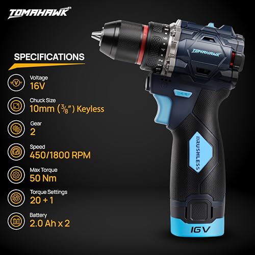Image of Tomahawk BSD-999 16V Brushless Cordless Drill Machine & Screwdriver Kit for Home | 10mm Keyless Chuck | 2-Speed 450 /1800 RPM | 50 Nm, 20+1 Clutch | 2 x 2.0Ah Batteries + Charger