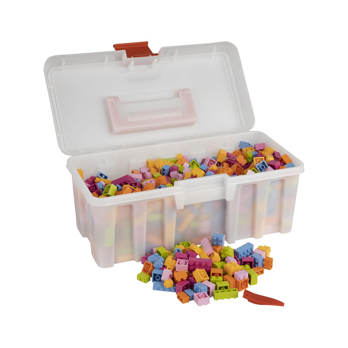 Q-Bricks Maxi-Koffer Floral-Mix mit 750Stck. Bausteinen in den Farben: Grasgrün, Hellblau, Melonengelb, Hellrosa, Magenta und Hellorange in den Formaten: 2X4, 1X4, 2X2, 1X2 und 1X1 Noppen