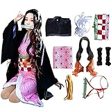 Kamado Cosplay Costume Outfit Kimono with Hairwear and Bamboo (Adult(with wig), S)