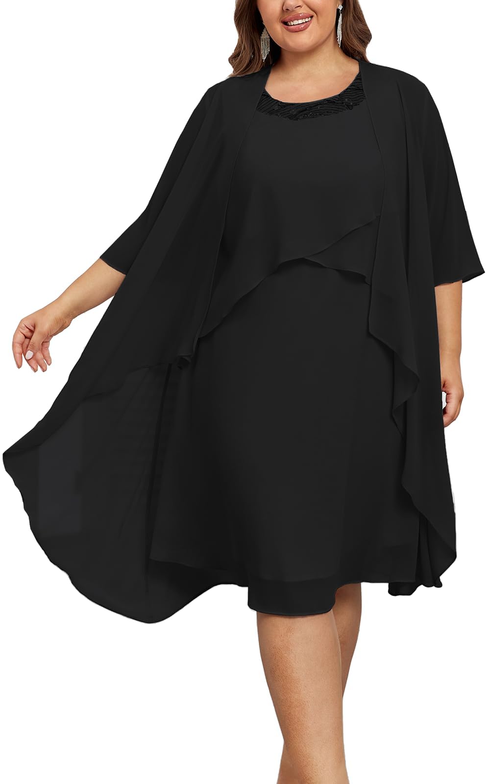 Hanna Nikole Vestido de cóctel de dos piezas para mujer, de gasa, elegante, línea A, sin mangas, cuello redondo, con volantes de tul, cardigan