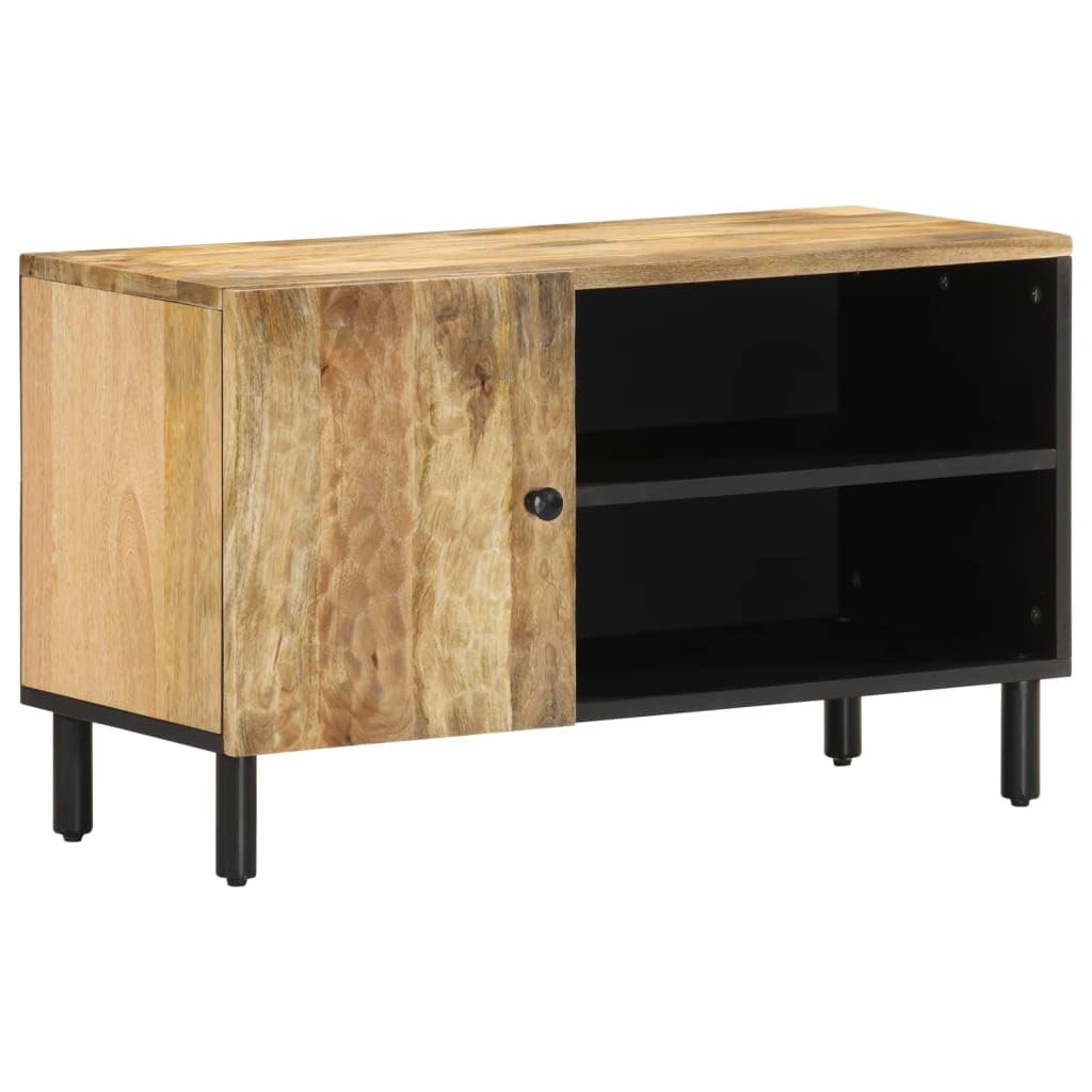 TV-Schrank 80x31x46 cm aus massivem Mangoholz, Robustes Media-Center für Wohnzimmer, Schlafzimmer, Konsolentisch mit Stauraum, Eisenbeine