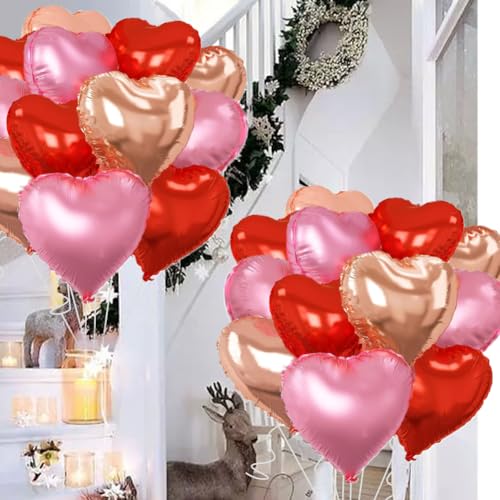 Image of Rose Gold & Red Heart Balloons,18 Inch Light Pink Foil Love Heart Shaped Balloons for Anniversary Wedding Engagement Birthday Party Baby Shower Valentines Decorations(12Pcs)