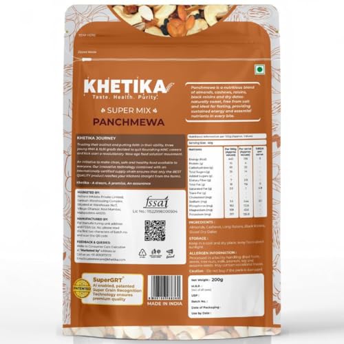 Image of Khetika Premium Panchmeva 200g | 5 Superfood in 1 Mix, Dry Fruits, Mixed Nuts, Mixed Fruits, Contains Cashew, Almond, Long Raisins, Black Raisins, Sliced Dry Dates (Pack of 2)