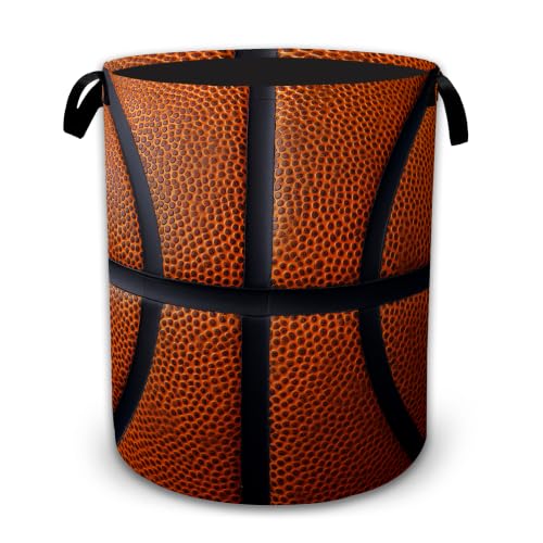 Image of Basketball Texture Laundry Basket with Handles, Foldable Tall Oxford Clothes Hamper, Lightweight Water-Resistant Storage Bin for Bedroom Bathroom College Dorm, 16 x 20.8 Inch