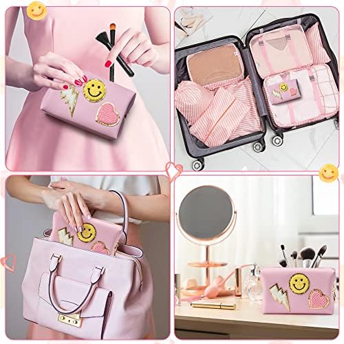 PANTIDE Preppy Patch Small Toiletry Bag Smile Lightning Heart PU Leather Portable Waterproof Makeup Cosmetic Bag Daily Use Storage Purse Travel Organizer Compliant Bag for Women Girls Gift (Pink)