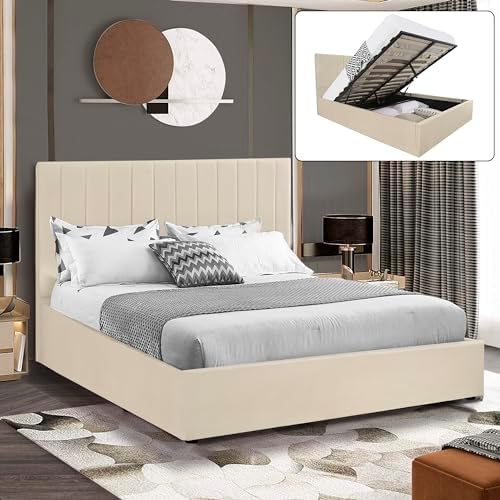 Ottoman Small Double Bed Frame, Upholstered Gas Lift Up Bed Frame With