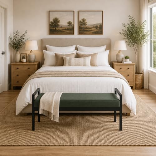 Image of HomePop Modern Velvet Metal Bench| Modern Bench with Metal Leg | Bench for Living Room & Bedroom | Decorative Home Furniture - Loden Green Velvet