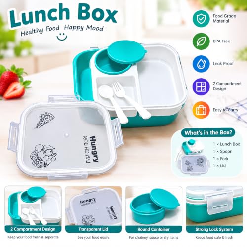 Image of Bento Lunch Box with 2 Compartments, Sauce Cup & Cutlery, Teal