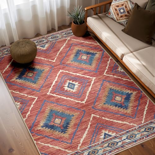 Area Rug 5x7 Rug Machine Washable Non-Slip Low Pile Print Pattern Western Rug for Living Room Bedroom Entryway Tribal Series -Red/Orange