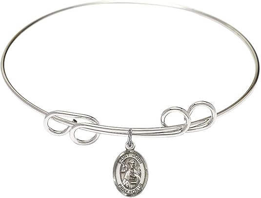 8 inch Round Double Loop Rhodium Bangle Bracelet with a Sterling Silver Saint John The Apostle Charm.