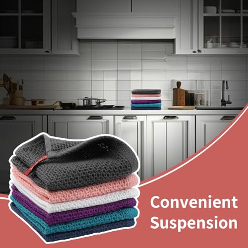 Image of 6 Pack Waffle Weave Kitchen Dish Cloths, Dish Towels for Kitchen Cleaning | 100% cotton waffle weave towels with soft absorbency and quick-dry design. 12 x 12 inch size for kitchen cleaning.