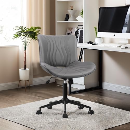 Image of Armless Office Chair, Height Adjustable Desk Chair with Wheels, Ergonomic Comfy 360 Swivel Home Office Computer Task Chair, Faux Leather Padded Cute Vanity Chair, Gray