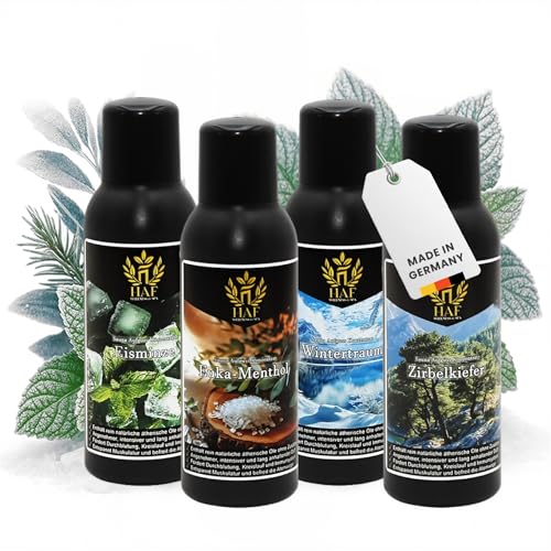HAF Saunaaufguss Set „Winterwunder“ - 4 x 100ml Sauna Aufgussmittel Eisminze, Euka-Menthol, Wintertraum, Zirbe - Saunaduft mit natürlichen ätherischen Ölen & ohne Zusätze