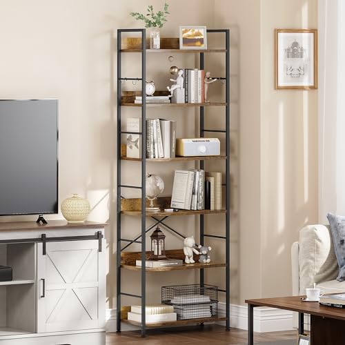 YITAHOME Bookcase, 6 Tier Floorstanding Book Shelf Industrial Shelving Unit with Steel Frame Display Storage Rack for Home Office Kitchen Bedroom Living Room, Rustic Brown Bookshelf