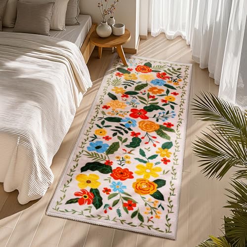 Alfombra Pasillera Boho Floral Lavable 2x6 Beige miniatura 6