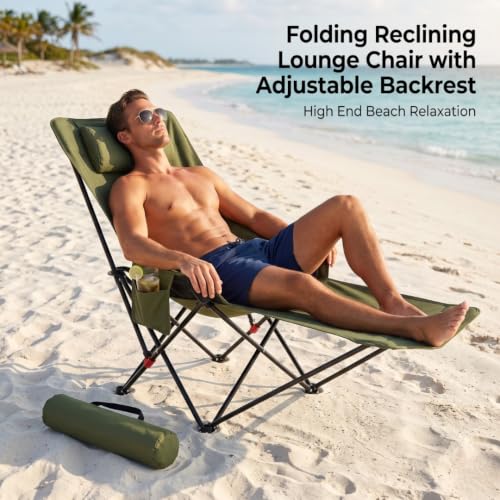 Image of Folding Reclining Lounge Chair with Adjustable Backrest, Metal Frame & Fabric Seat | Portable Outdoor Camping Chair with Carry Bag for Patio, Garden & Travel