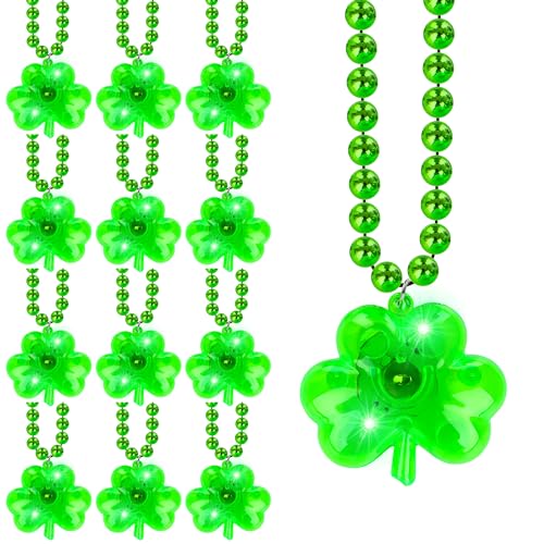 EOBOH St Patricks Day Beads Accessories, 12PCS Light up St. Patrick's Day Green Beads, Irish Shamrock, 3D St Patricks Day Decorations Bulk Parade Procession Party Favor Celebrations