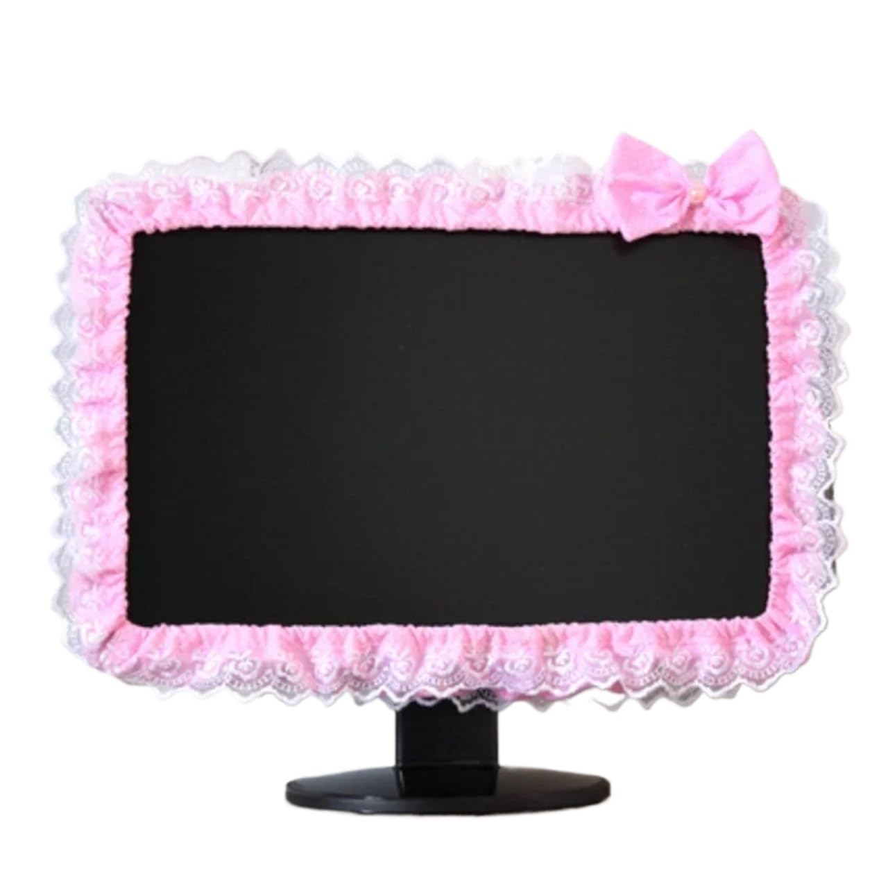 Qvorlth Pink Monitor Cover Lace Fabric Computer Frame Cover Monitor Screen Dust With Elastic Pen Pocket Bow Home Decorations(Pink)