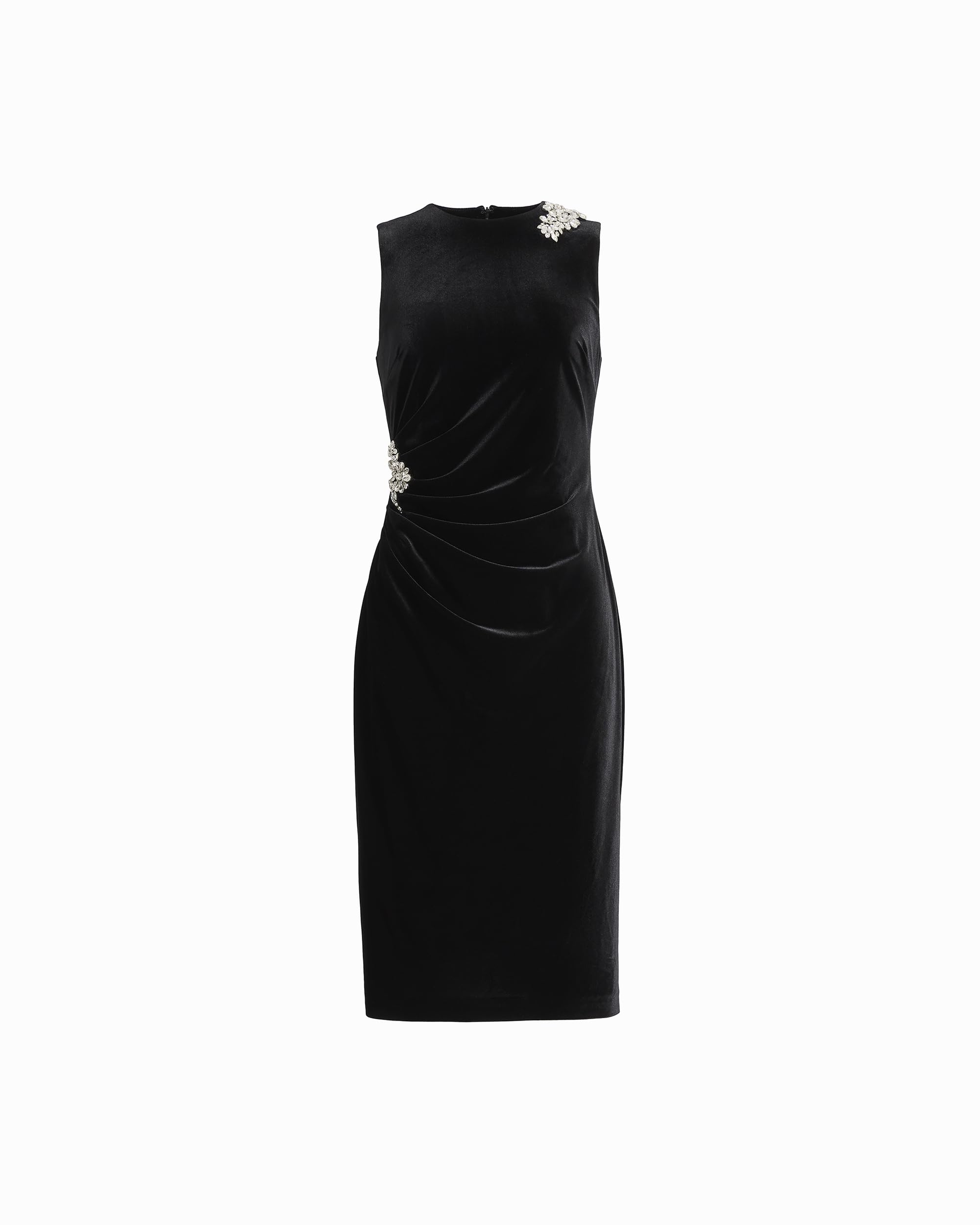 Anne Klein Womens Sleeveless Velvet Ruched Dress with Jewel Detail