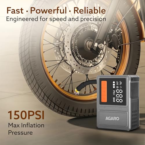 Image of AGARO Mini Tyre Inflator, 150 PSI Inflation, 600mAh X 2 Rechargeable Battery, Type-C, Digital Display, SOS Light, Multi Nozzles, Bike, Cycle, Foot Balls, Inflatables TI1771