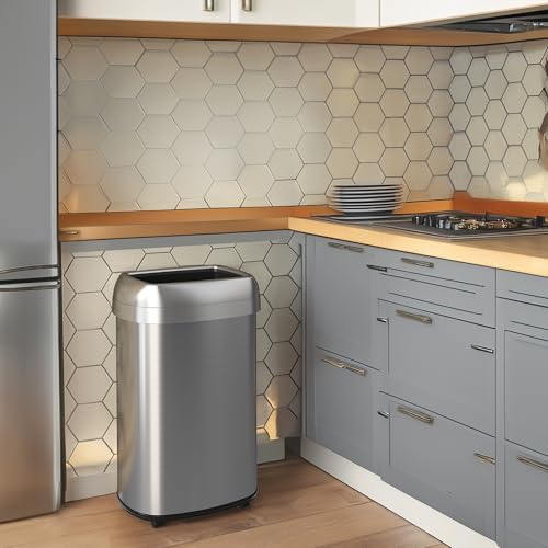 Image of iTouchless 13 Gallon Open Top Kitchen Trash Can Recycling Bin with Wheels and Double Odor Filters Oval Commercial Stainless Steel 50 Liter Trashcan for Home Office Work Bedroom Livingroom Garage