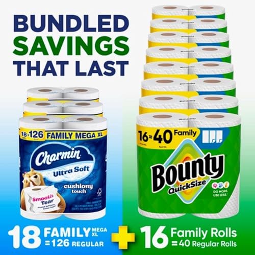 Bounty Quick-Size Paper Towels, White, 16 Family Rolls, Charmin Ultra Soft Cushiony Touch Toilet Paper, 18 Family Mega XL Rolls