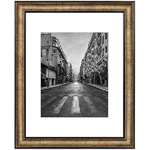 Golden State Art, 11x14 Photo Frame, Dark Gold Brown & Bronze Pewter Panel, with White Color Mat for Pictures 8x10 and Real Glass Cover