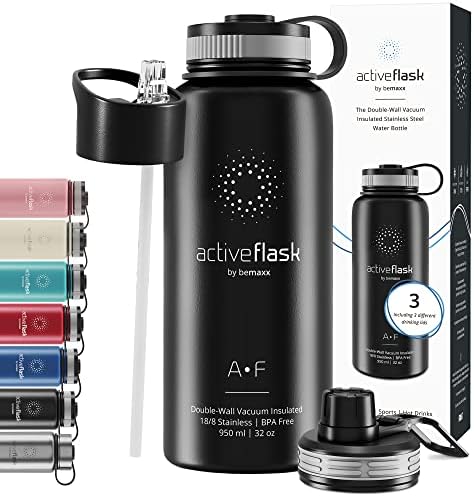 Stainless Steel Water Bottle + Straw (3 Lids): 1 & 0,5L Leak-Proof BPA-Free | Vacuum Insulated Active Flask Drinking Bottles Hot Cold: Double Walled Outdoor Drink Thermo Mug Tea Coffee Sport Gym Bike
