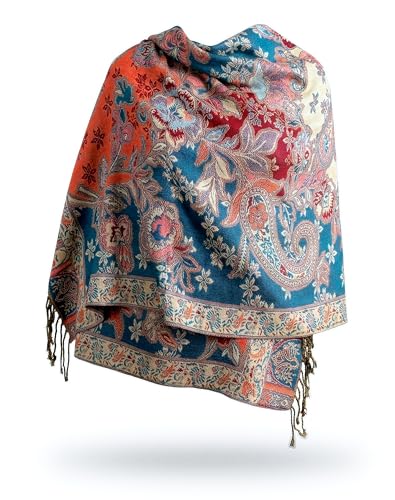 Achillea Soft Silky Reversible Paisley Pashmina Shawl Wrap Scarf w/Fringes (Red Blue)