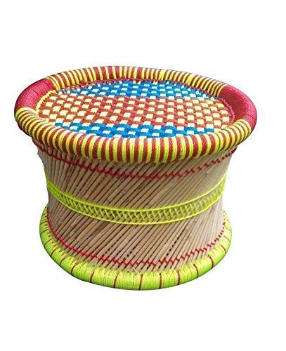 Eco-Friendly Handicraft Cane || Handmade Finest Bamboo Indoor || Garden Stool || Muddi (Black, Natural Color: Set of 1) (1, Yellow & RED)-picture-20
