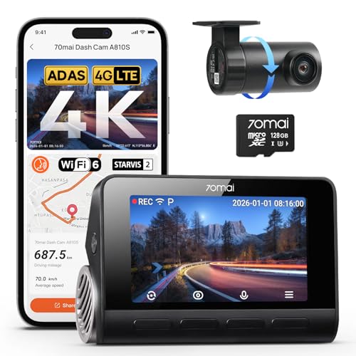 70mai A810S 4K Dual Dash Cam Front & Rear, STARVIS 2 HDR Super Night Vision, AI Motion Detection & 24/7 Parking, Built-in GPS, Wi-Fi & Optional 4G Rem