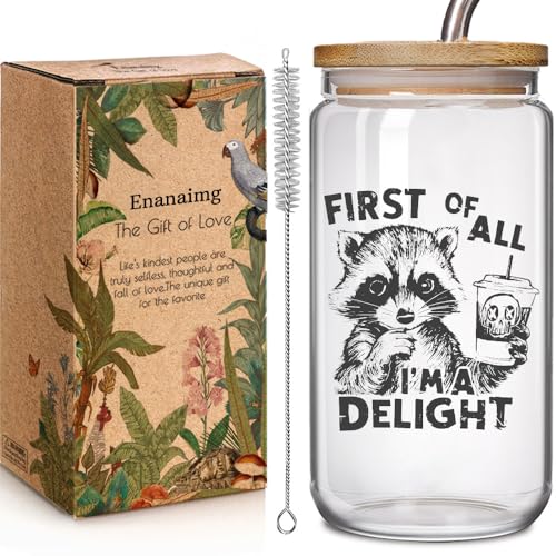 Enanaimg First Of All, I'm A Delight Funny Raccoons 16oz Glass Cup with Bamboo Lid and Straw Gifts for Raccoon Lovers Girl, Raccoon Gift, Sarcastic Raccoons-themed Coffee Cup For Women