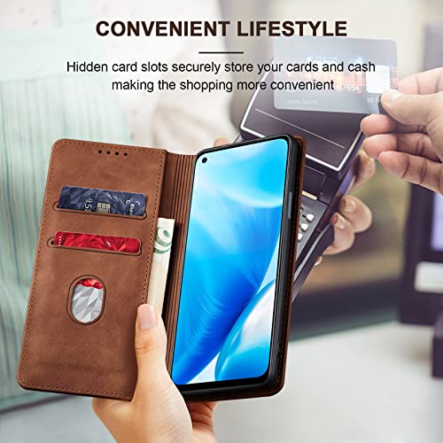 Image of Jasonyu Flip Wallet Case for OnePlus Nord N200 5G,Leather Magnetic Folio Cover with Card Holder,Kickstand - TPU Shockproof Durable Protective Phone Case,Brown