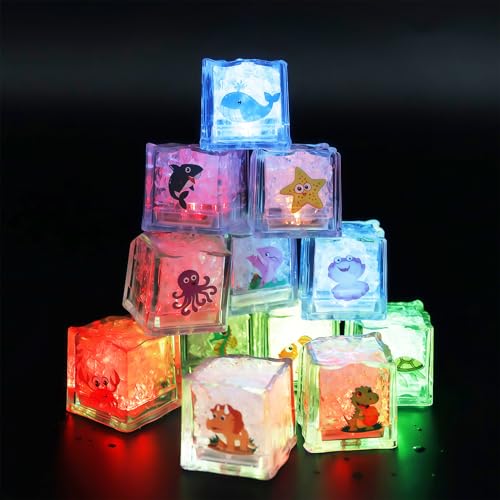 12 Stück Bunten Leuchtende Eiswürfel Badewannenspielzeug mit Tiermotiv Badespielzeug Leuchtend LED Eiswürfel für Wasserspielzeug Badespielzeug Light Up Sensorik Spielzeug Getränke