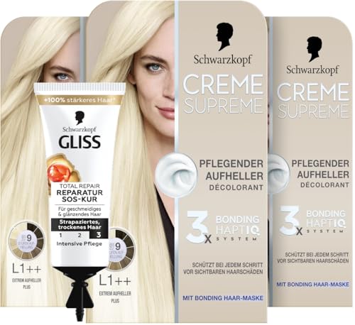 Schwarzkopf Creme Supreme L1++ Extrem Aufheller Plus (3x 182 ml), pflegender Aufheller mit Serum und Haar-Maske & SOS-Intensiv-Kur Total Repair (15 ml), Haarkur mit Keratin