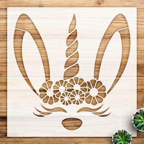 Easter Bunny Unicorn Stencil with Flower Crown, Reusable Mylar Template for DIY Spring Home Decor, Craft Painting, and Creative Projects - Size A3 (11.7