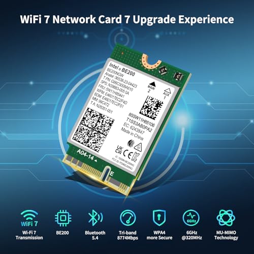WiFi 7 Wireless Card Intel BE200 NGW, Bluetooth 5.4, 5800Mbps M.2/NGFF Not Support AMD, Only Supports Intel 12th Generation and Above CPUs Windows 10/11 (64bit), Linux