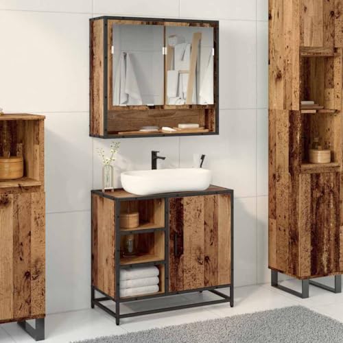KTHLBRH Lavabo de Baño Industrial con Mueble de Madera Dura y Acero Negro - Amplio Almacenamiento, Estilo Urbano Versátil, Fácil Montaje y Construcción Sólida