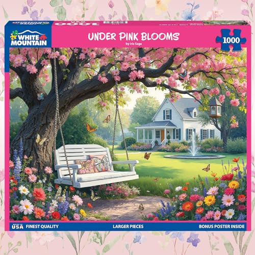 Rompecabezas White Mountain de 1000 piezas: Jardín de primavera bajo flores rosas | Piezas grandes, regalo para adultos y familia, 24" x 30", escena de flores miniatura 3