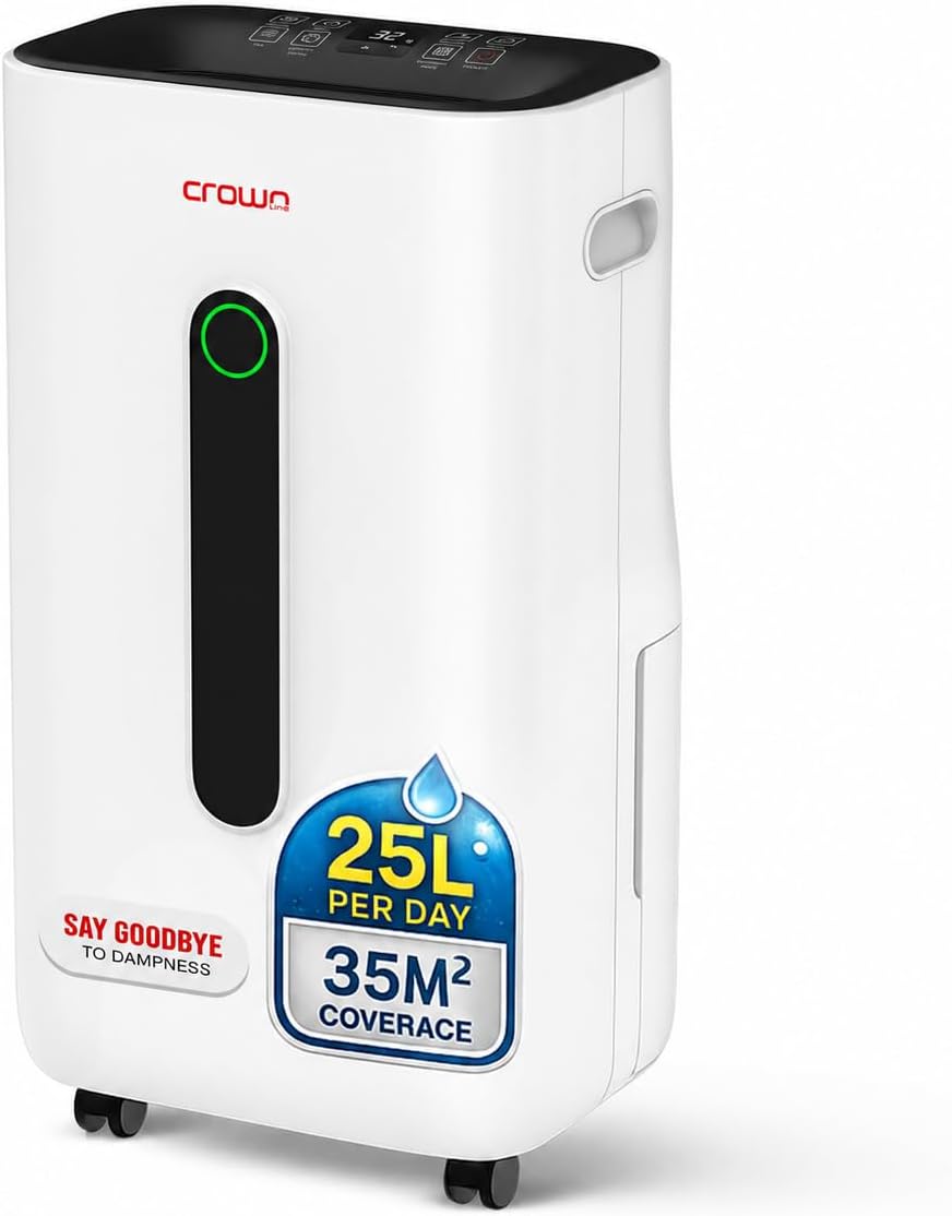 Crownline Dehumidifier, 25L/Day, Digital Humidity Display, Auto Drainage option, Sleep Mode, Washable Filters, 24H Timer, Continuous Dehumidification, Rotatable Wheels for Easy Mobility | MD-395
