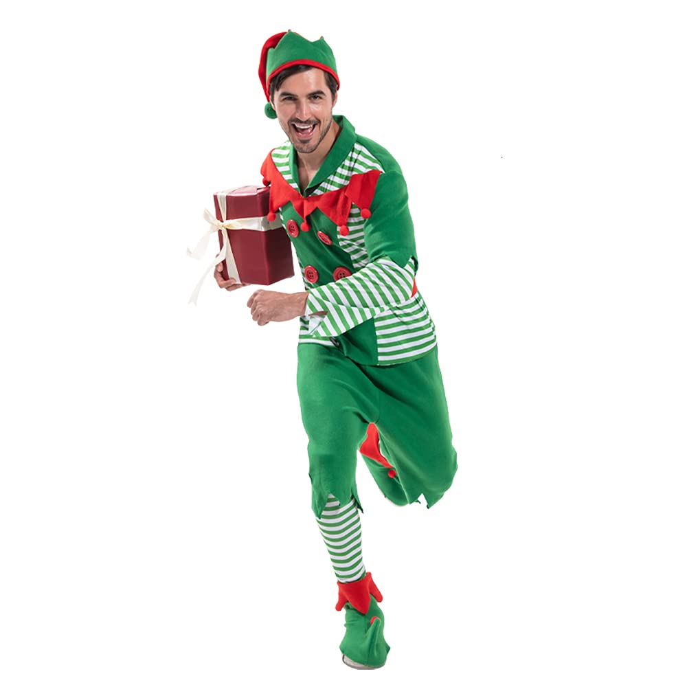 Megartico Christmas Men Elf Santa Helper Unique Costumes for Adult Green Stripe Outfit