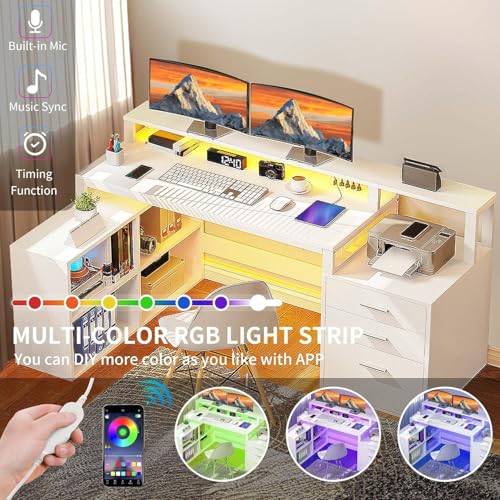 Image of DWVO L Shaped Desk with Drawers, 65 inch Computer Desk with Power Outlets & LED Lights, Corner Home Office Desk with Storage Shelves & Printer Stand, White