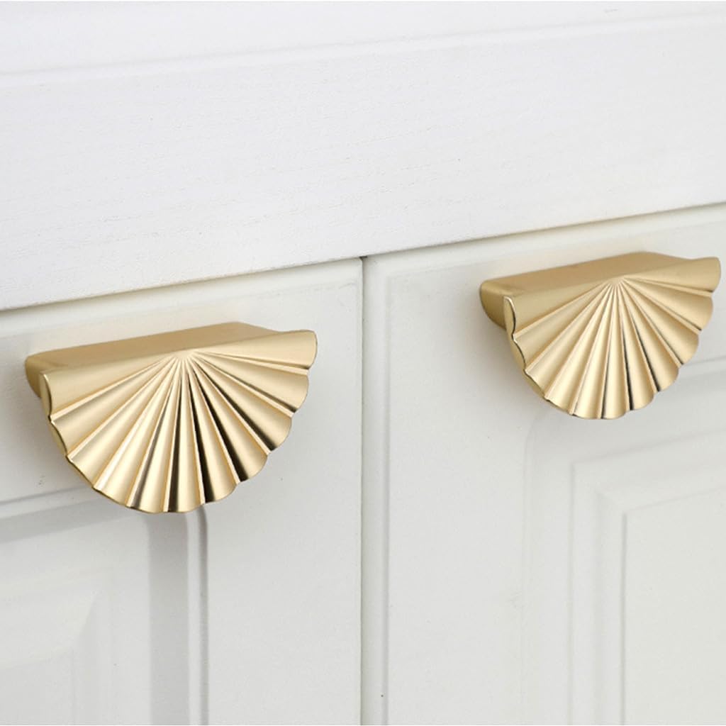 6 Pack Semicircle Sunflower Brushed Gold Cabinet Pulls,Brass Drawer Handles Knobs,Half Round Kitchen Cabinet Handles,Finger Edge Pulls Knobs with Screws (6, Brushed Gold, 2.5'' Hole Center)