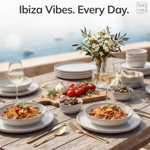 Image of 36 Piece Stoneware Dinnerware Set for 12, Handmade Plates and Bowls Set | Reactive Glaze Coating, Dishwasher & Microwave Safe Dish Set, Chip & Scratch Resistant Dishware Set, Ibiza Light Beige