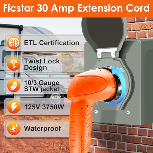Ficstar 30 Amp RV Extension Cord,25 ft,Heavy Duty Generator Extension Cord with LED Power Indicator,30 AMP Female 90° Twist Lock Adapter with Reverse Polarity Lamp,NEMA TT-30P to L5-30R,120V/125V by Ficstar - Used condition - Image 4