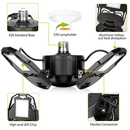 Led Garage Lights, 80W Deformable Garage Ceiling Light 8000lm E26 Basement Lights with 3 Adjustable Led Panels 270° – Fits for Garage, Warehouse, Barn, Workshop and Yard (No Motion Activated) - Thumbnail 5