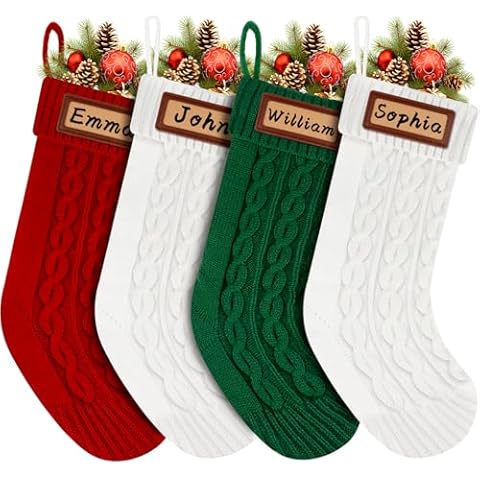 Personalized Christmas Stockings Knitted Set of 4: 18'' Large Knit Family Christmas Stocking Custom Name with Leather Patches White Red Green Bulk Xmas Stocking Hanging Decorations for Home Party Cover