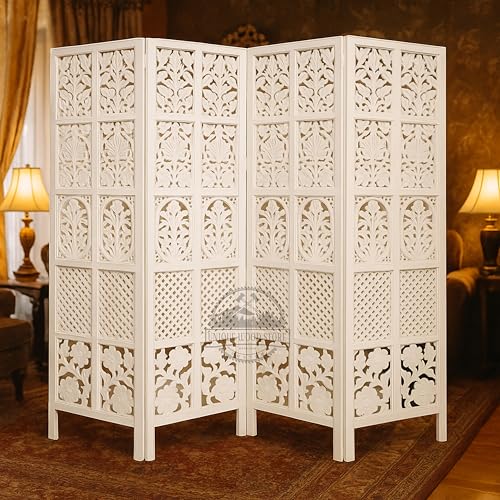 Image of Wooden Room Divider Screen, Carved,Decorative Handcrafted Privacy Screen Separator Wall Divider | Folding Partition with Floral & Jaali Design (White, 4-Panel)