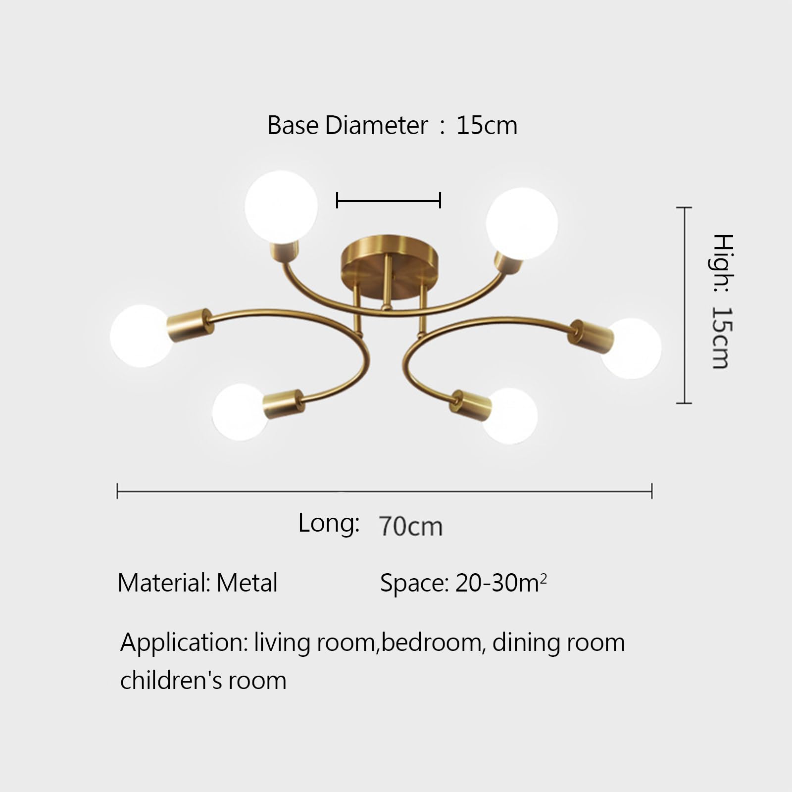 Lámparas de Techo Retro,6 Luces Lámparas de Techo industriales,Plafon Sputnik E27,Lámpara de Araña Dorada para Dormitorio,Sala de Estar,Cocina,Comedor,Ø70CM(Sin Bombilla)