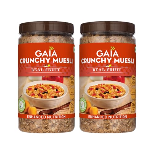 Image of GAIA Crunchy Muesli Real Fruit - Flakes, Oats, Almond, Raisins & Real Fruit, Low Calorie Healthy Breakfast, The Perfect Blend Of Crunch, Fiber-Rich Oats, Nuts, & Real Fruits, 1Kg Jar (Pack Of 2)